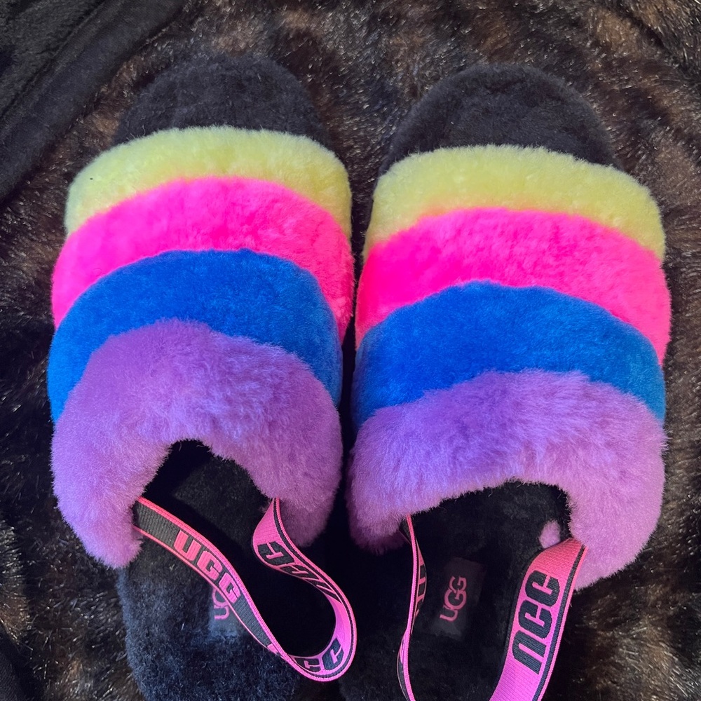 UGG Rainbow Fuzzy Slide Sandals - Purple Blue Pink Yellow